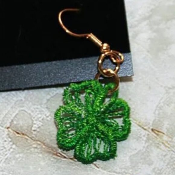 HANDMADE Earrings Shamrock Embroidered Lace Pierced St. Patrick's Day Green - Picture 2 of 9